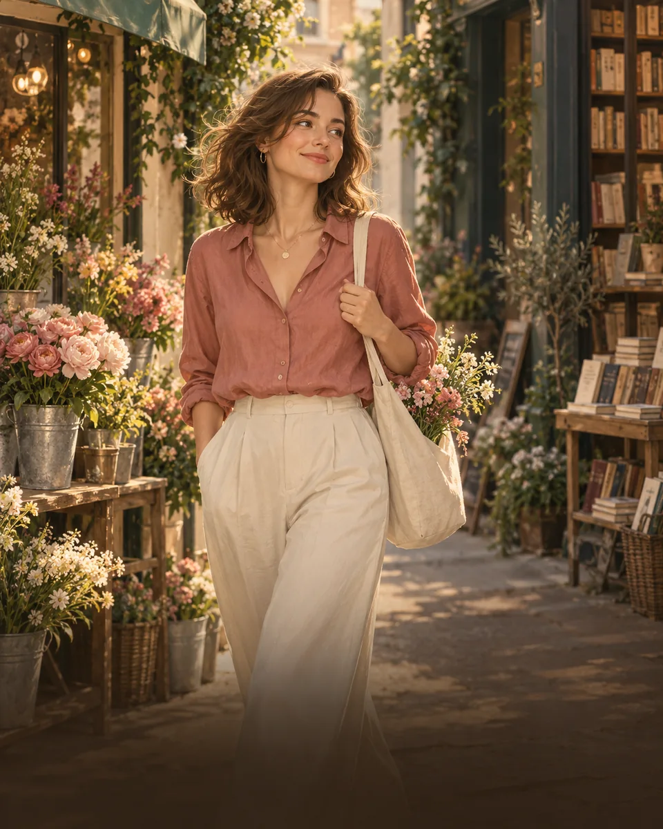 An original adult heroine beside a flower shop