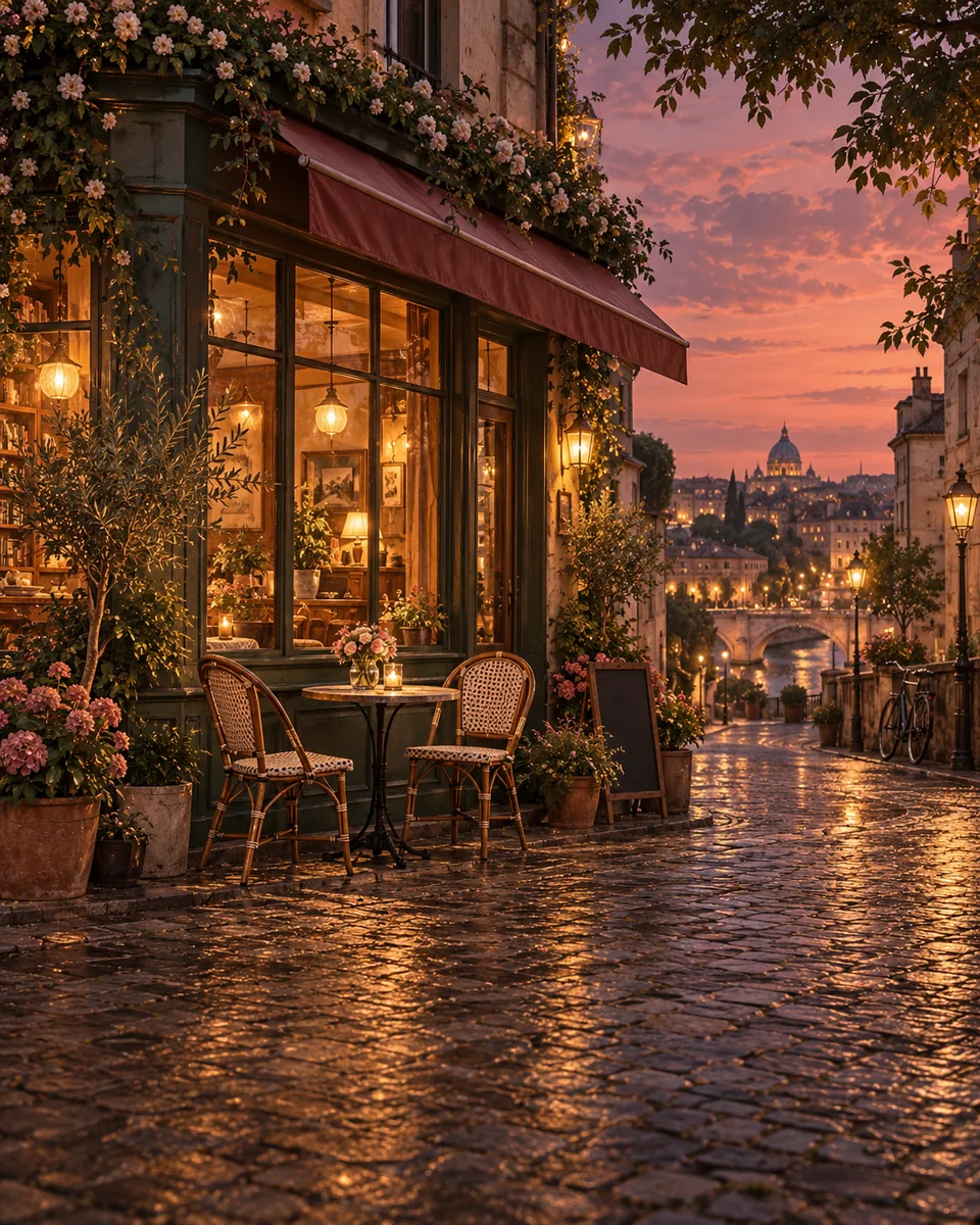 A warmly lit street-corner café at dusk