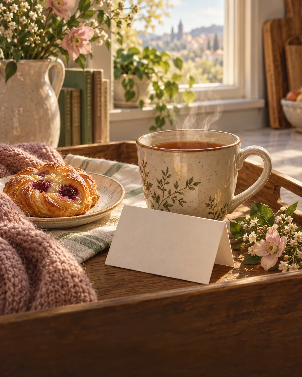 A hot drink, pastry, and a thoughtful blank note