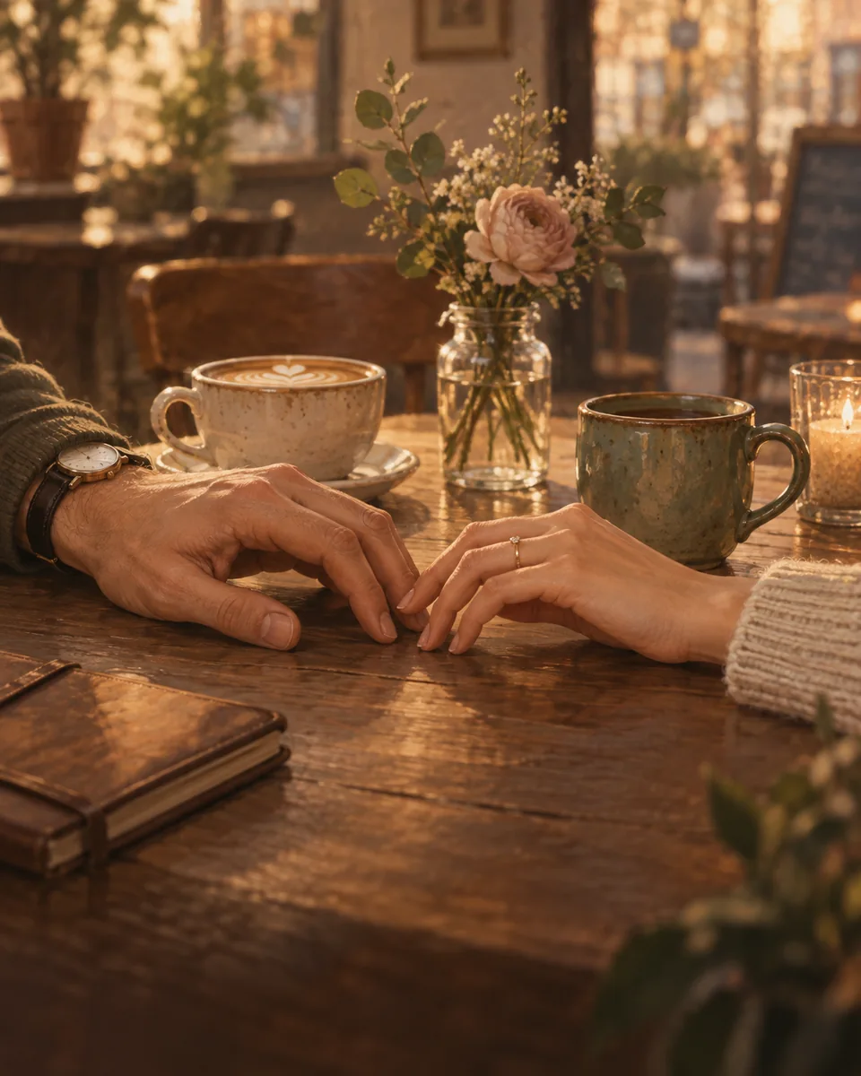 Two drinks and a bouquet, with two adults’ hands close together